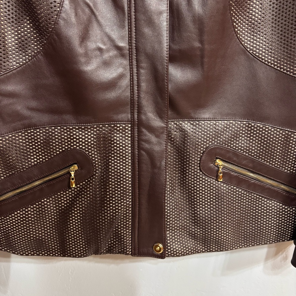 NWOT St. John Sport Choc Velvet Brown Leather Jacket w Raccoon Fur L/XL - Picture 7 of 16